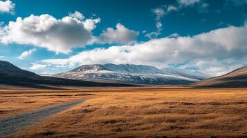 Vast landscape with golden field leading to snowy mountains under a bright blue sky dotted with fluffy white clouds. photo