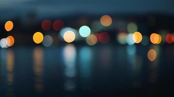 Abstract nightscape with blurred lights over water, creating a dreamy and vibrant bokeh effect. Reflections add depth to the scene. photo