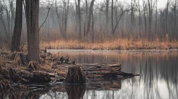 Still waters reflect a misty forest landscape, with fallen tree trunks adding to the serene, natural scene in nature reserve. photo