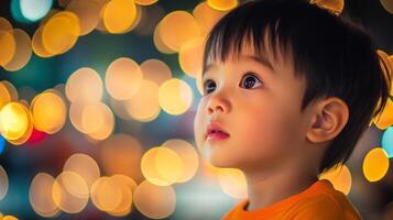 Young child gazing upwards, captivated by the magical glow of bokeh lights. Innocence and wonder fill the air with excitement and joy. photo