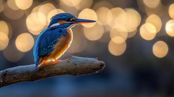 Vibrant kingfisher perched on a branch, set against a backdrop of shimmering bokeh. Nature's beauty highlighted by the soft, golden light. photo