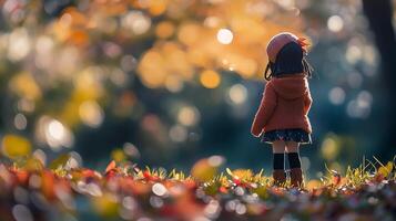 Girl gazing at the autumnal landscape, enjoying the golden light filtering through the trees, creating a peaceful and nostalgic atmosphere. photo