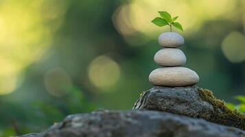 Stacked stones with a sprouting plant symbolize harmony, growth, and balance in a serene, natural setting. A peaceful zen garden. photo
