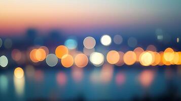 Blurred lights create a captivating bokeh effect, casting a mesmerizing glow on the tranquil water in a serene urban landscape. photo