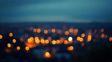 Abstract cityscape at twilight with blurred golden lights forming a beautiful bokeh, creating a dreamy and magical urban atmosphere. photo
