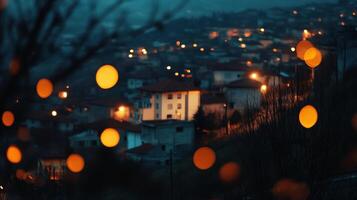 Night scene of town with blurred lights creating bokeh effect in the foreground. Serene evening vibe with focus on urban lights. photo