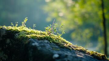 Close-up of moss and tiny plants growing on a rock, illuminated by sunlight in a forest setting, showing nature's resilience. photo