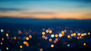 Blurred cityscape at dusk with warm lights, dreamy and serene atmosphere, ideal for backgrounds and creative projects. A peaceful vibe. photo