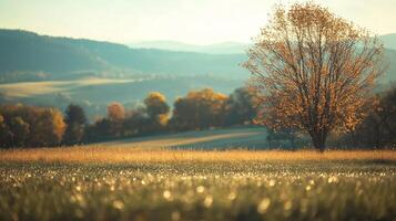 Scenic landscape featuring a golden field, solitary tree, and hazy mountain backdrop, illuminated by the soft light of dawn or dusk. photo