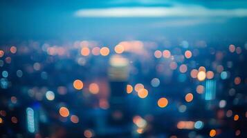 Blurred cityscape at twilight with bokeh lights creating a dreamy, abstract urban scene of a city at dusk from a high vantage point. photo