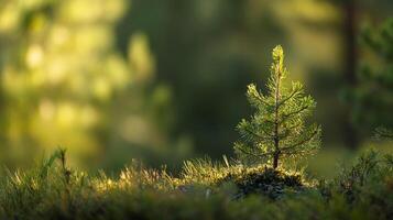 A young, vibrant pine sapling basks in the sunlight, standing amidst lush green grass and moss in the heart of a serene forest setting. photo