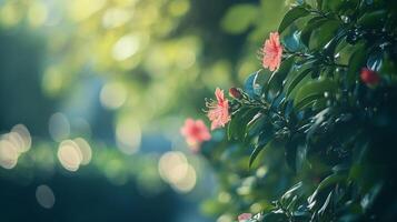 Tranquil blooms of peach flowers against a vibrant bokeh background, creating a serene and dreamy atmosphere. Soft, gentle, and natural. photo