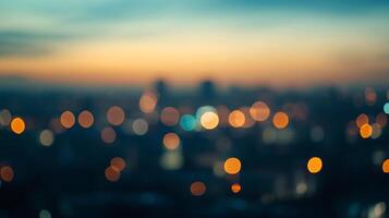 Abstract cityscape at twilight. Bokeh lights glow against a gradient sky, creating a dreamy, blurred urban view. Serene and atmospheric. photo