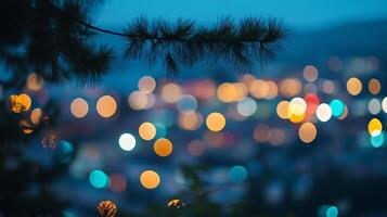 Night lights twinkle below a silhouetted branch, creating a dreamy, abstract landscape, blending nature and urban glow into a tranquil scene. photo