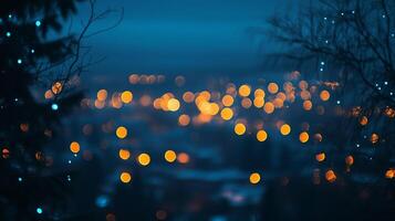 Night lights softly glow on a dark night, filtered through foliage, creating a magical and dreamy ambience, perfect for contemplation. photo