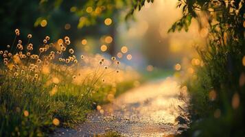 Sunlit meadow path with wildflowers and sparkling bokeh, creating a magical atmosphere. A peaceful landscape. photo