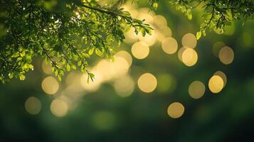 Sunlit leaves glisten above a blurred background of bokeh lights, creating a serene and ethereal atmosphere in nature's embrace. photo