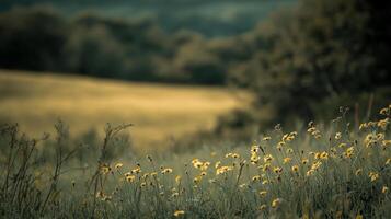 Field of yellow wildflowers growing in a meadow, sunlight and greenery create a calming and scenic outdoor atmosphere in nature. photo