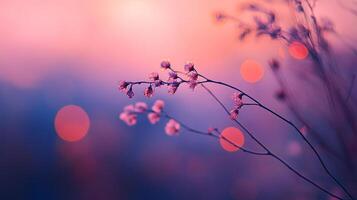 Close-up of delicate flowers in a dreamy, softly focused scene with bokeh, bathed in warm pink and purple hues during twilight hour. photo