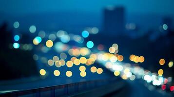 Blurred city lights create a vibrant bokeh effect on a dark evening, blending yellows, blues, and oranges. Urban nightlife abstract. photo