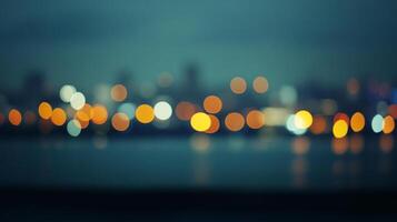Abstract city lights reflecting on the water at night. Soft focus and bokeh effect add a dreamy quality. Urban landscape. photo