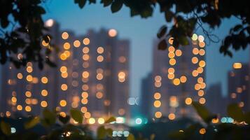 City lights glimmering in the distance, a beautiful contrast to the dark leaves in the foreground, creating a serene and urban scene. photo