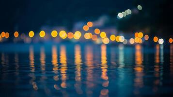 Night lights reflected on rippling water evoke a serene and dreamlike ambiance, with glowing orbs of light adding to the tranquil scenery. photo