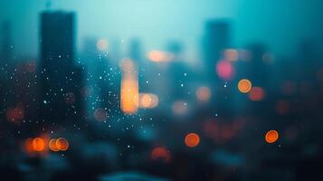 Blurred cityscape with glowing orbs and a snowy texture overlay, creating a dreamy and abstract urban scene with moody teal tones. photo