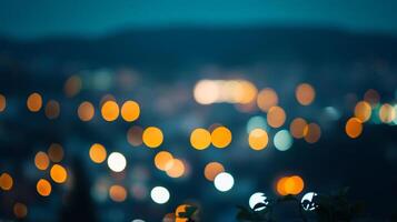 Night city lights blur into bokeh orbs of golden light, creating an abstract cityscape and tranquil atmosphere under a deep blue sky. photo