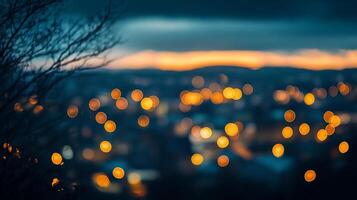 City lights glow softly against the twilight sky, with a bare tree branch silhouetted in the foreground offering a sense of serenity. photo