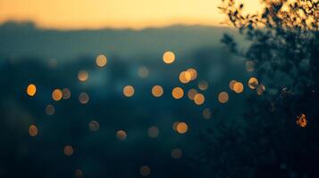 Abstract view of distant lights at dusk, with a dark foreground suggesting foliage. A sense of mystery and serenity is present. photo