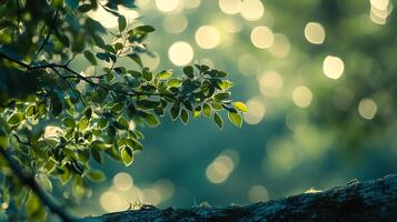 Sunlit leaves create a magical bokeh backdrop. Serene nature scene with dappled light filtering through vibrant green foliage. photo