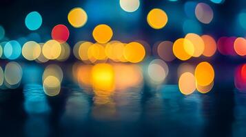 Abstract light circles bokeh effect. Yellow, blue and red colorful blurred lights on dark backdrop create an atmospheric dreamlike mood. photo