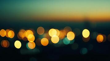 Abstract lights evoke a cityscape at night. Bokeh effect creates a dreamy, blurred visual with shades of amber, turquoise, and darkness. photo