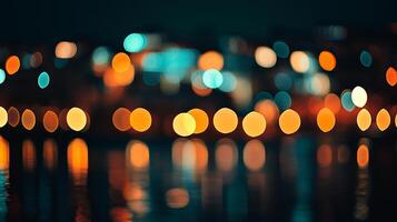 Abstract cityscape at night blurred, lights create a warm and inviting ambiance. The reflections add a touch of wonder. Moody. photo