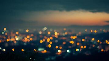Bokeh lights shimmer across a cityscape under a twilight sky. Warm hues blend, creating a soft, dreamy urban ambience. A peaceful night. photo