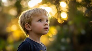 Young boy gazes upwards in wonder, bathed in the warm glow of sunlight, with a serene expression on his face, lost in his own little world. photo