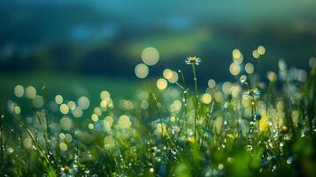 A serene view of wildflowers and dew-kissed grass with soft, abstract orbs of sunlight creating a dreamlike, peaceful atmosphere. photo