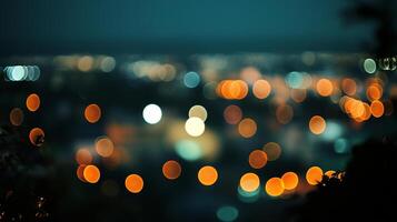 Bokeh lights create a dreamy cityscape at night, with warm glows and blurred outlines, painting the sky in shades of teal and orange. photo