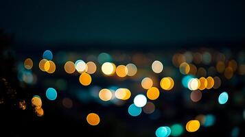 City lights bokeh creating abstract and artistic view of the nightlife, featuring a warm and inviting ambiance through vibrant colors photo