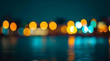 Abstract cityscape reflected in water, with glowing orange and blue lights blurred, creating a dreamy, atmospheric ambiance. photo