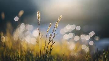 Warm sunlit grasses shimmer against a bokeh background, creating a serene and peaceful natural scene. A calm and sunny day in nature. photo