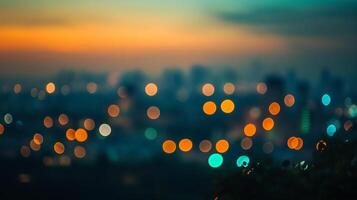 Blurred city lights twinkle against a dusky sky, creating a dreamy and atmospheric backdrop, suggesting urban vibrancy at twilight. photo