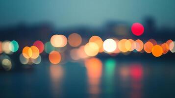 Blurred city lights reflect on the water's surface, creating a dreamy and abstract view. A vibrant and colorful urban nighttime scene. photo