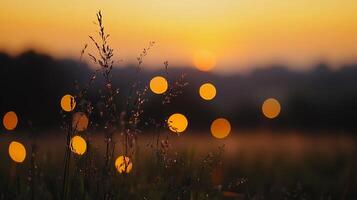 Golden hour shines through tall grass, creating dreamy bokeh. The background fades into an orange and yellow sunset, soft and serene. photo