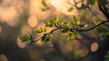 Sunlit spring foliage unfurls on a delicate branch. Fresh leaves glow against a warm bokeh backdrop, evoking tranquility and renewal. photo
