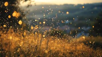 Golden hour illuminates a field of wildflowers, bokeh lights dancing in the air, creating a warm and magical atmosphere in nature. photo