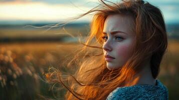Redhead in a field during sunset, hair blowing in the wind, golden hour lighting, pensive expression. Summer vibes and soft dreamy light. photo
