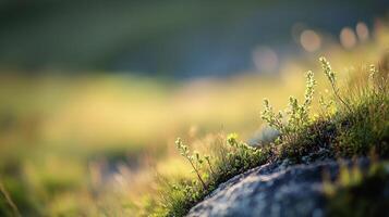 Close-up of wild plants and grasses growing on a rocky surface, bathed in golden light. Serene natural scene with a shallow depth of field. photo