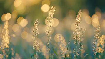 Golden hour shines on tall grasses, creating a serene, sun-kissed landscape with soft bokeh and gentle colors. photo
